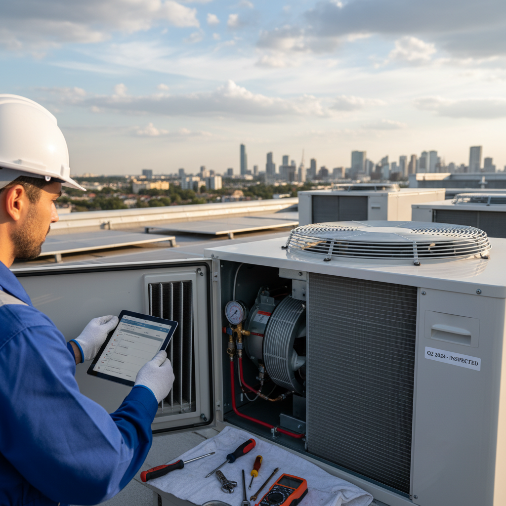 HVAC technician in uniform inspecting and servicing commercial rooftop air conditioning unit